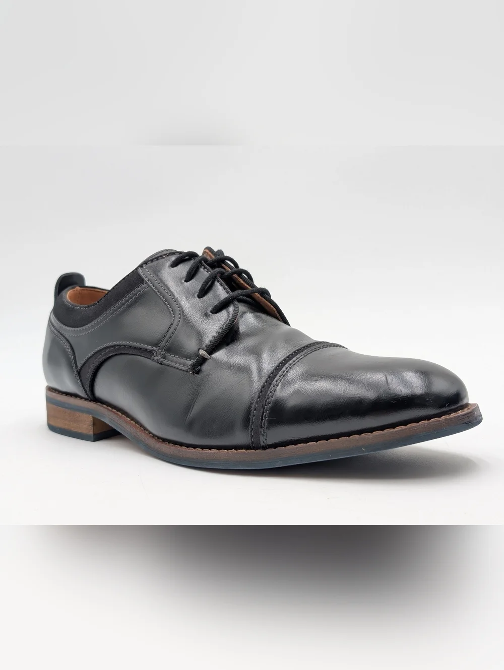 Dockers Men Sz 9.5 Black High-Quality Cap-Toe Oxfords Brown Trim Cushion Footbed
